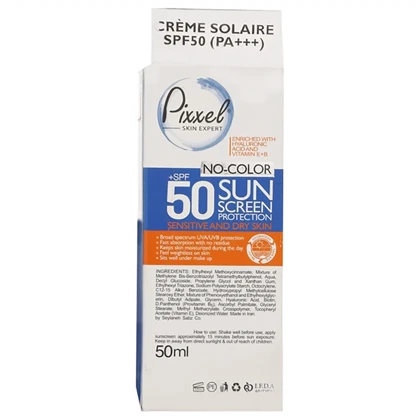 کرم ضد آفتاب بی رنگ پیکسل با 50+SPF مناسب پوست خشک و معمولی