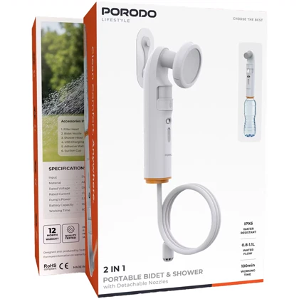 دوش و بیده مسافرتی شارژی پورودو Porodo مدل PDLFSTPB55WH