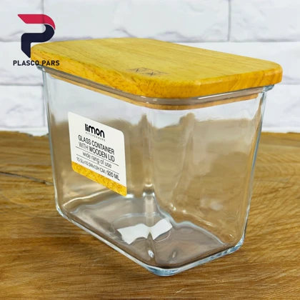 ظرف شیشه ای 920میل درب چوبی لیمون