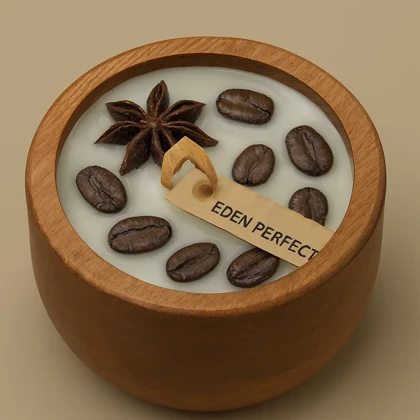 شمع معطر با ظرف چوبی و دانه‌های قهوه طبیعی