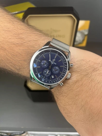 ساعت مچی برایتلینگ کورنوگراف بند حصیری صفحه سرمه ای Breitling