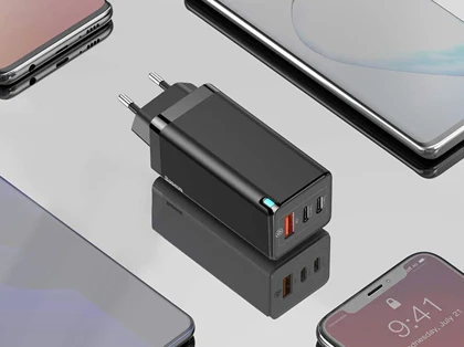 شارژر دیواری سریع سه پورت و کابل تایپ سی بیسوس Baseus CCGaN65E5 GaN5 Pro 65W Charger