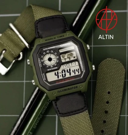 ساعت مچی دیجیتال کاسیو Casio مدل AE-1200WHB-3BVDF سری World Time – بند برزنتی سبز ارتشی