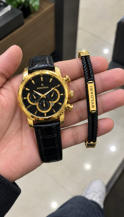 پکیج ساعت romanson مشکی طلایی مدل B62 + دستبند چرم مردانه مدل پلاک دار