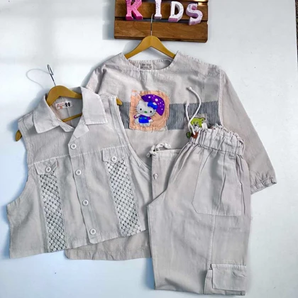 سه تیکه کتان دخترانه مانتو جلیقه با شلوارکارگو