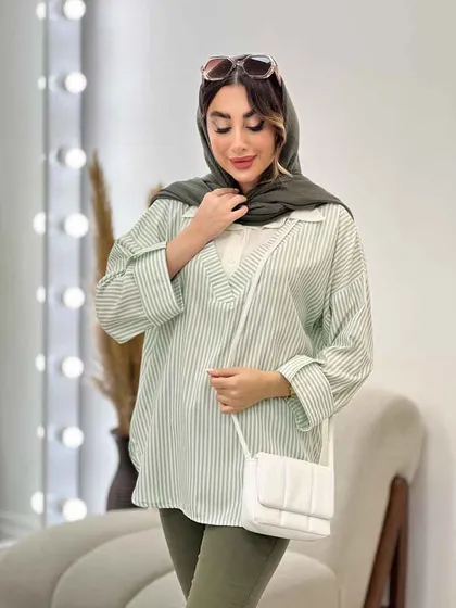 شومیز راه راه ترکیبی جلو بسته