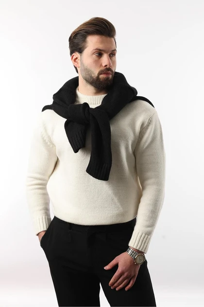 ژاکت بافتنی مردانه Ecru Crew Neck Overfit E7402