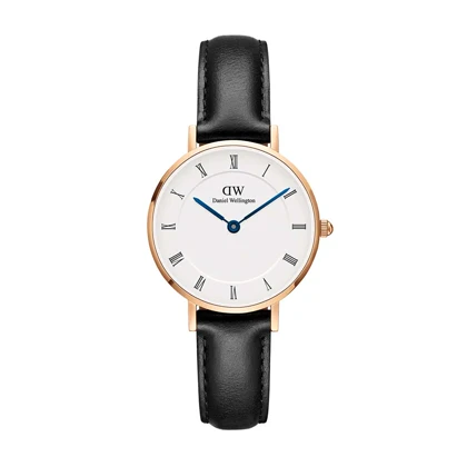 ساعت DW زنانه بند چرم رزگلد مشکی صفحه سفید ایندکس یونانی DW-5507-L