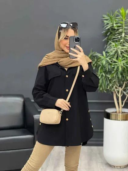 مانتو دکمه چوبی جیب نما