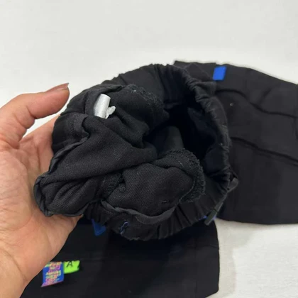 شلوار مام مشکی کتان کمربند آبی اورجینال