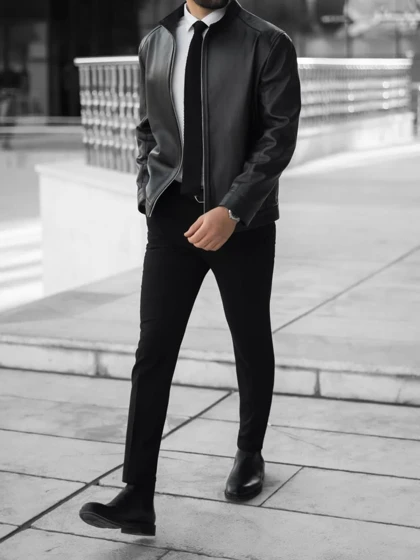 کاپشن چرم طبیعی مشکی j152