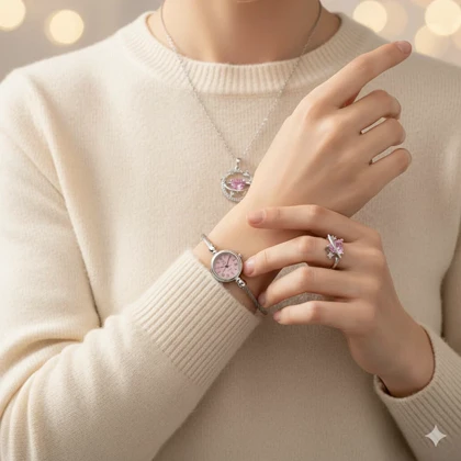 ست زنانه ساعت و گردنبند و انگشتر مدل ماه و ستاره-نقره ای ویژه