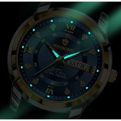 ساعت مچی مردانه بین باند BINBOND اورجینال دوتقویم بند چرم ضداب دارای رنگ بندی شیک