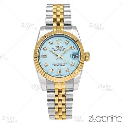 ساعت رولکس دیت جاست زنانه صفحه آبی ایندکس نگین‌دار مدیوم 105977