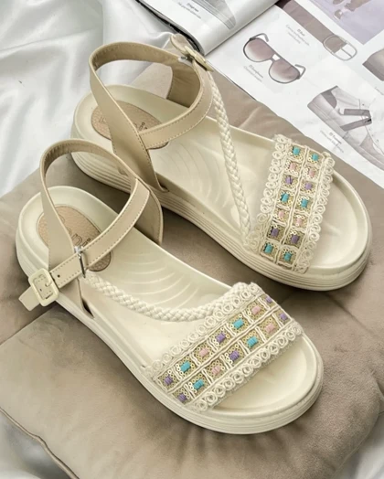 صندل دخترانه کنفی نگین مربعی