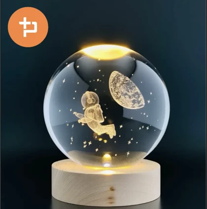 چراغ خواب گوی کریستال طرحدار/ پایه چوبی/ سایز کوچک