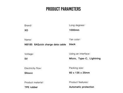 کابل شارژ فوق سریع یواس‌بی به تایپ‌سی ایکس‌او XO NB185 6A fast charger cable