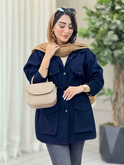 مانتو کتان کمرگت جیب پاکتی