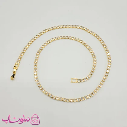 گردنبند دخترانه تنیسی طلایی رنگ نگین مربع سفید 45 سانت کد 2598