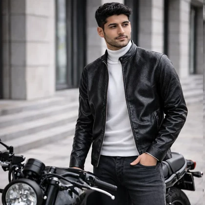 کاپشن چرم طرح پوست مار ساده مردانه مدل Yasan