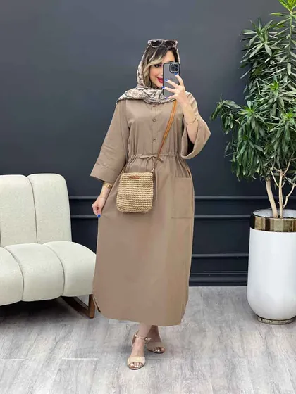 پیراهن بلند کمر گت تک جیب