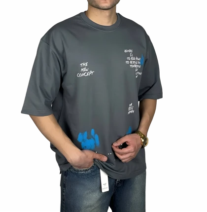 تیشرت آستین کوتاه مردانه طوسی طرح دار گرافیکی