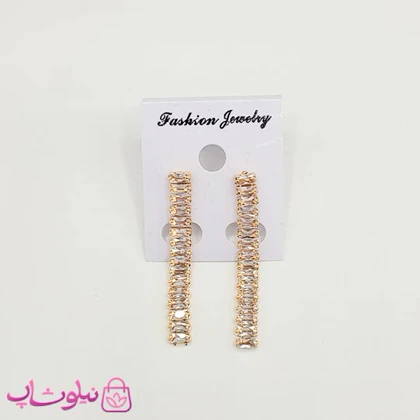 گوشواره زنانه مدل تنیسی طلایی با نگین باگتی سفید کد 190