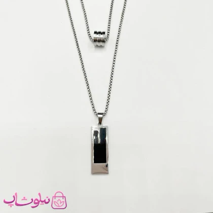 گردنبند مردانه استیل طرح دو تکه پلاک مستطیل مشکی نقره ای