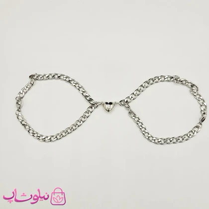 دستبند ست عاشقانه (کاپلی) استیل مدل قلب با زنجیر کارتیه نقره ای رنگ