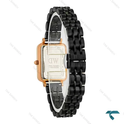 ساعت دنیل ولینگتون زنانه مستطیلی رزگلد مشکی نگین‌دار DW-8014-L