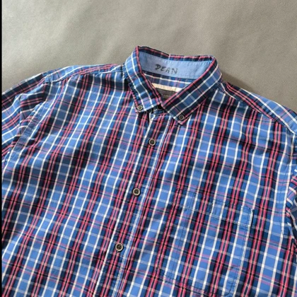 🧡 SIZE XL-L پیراهن نخی چهارخونه کلاسیک مردانه آستین کوتاه اورجینال برند J.C.LANYON استرالیا