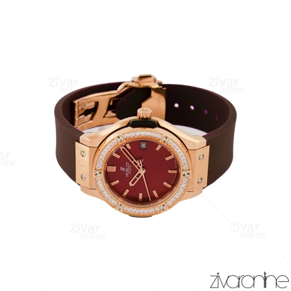ساعت هابلوت زنانه کلاسیک فیوژن قاب رزگلد تمام نگین صفحه زرشکی 105456