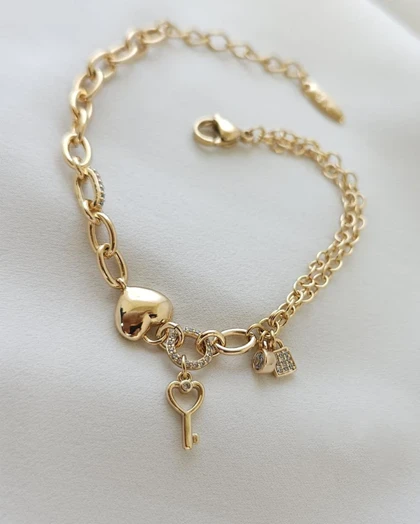 دستبند قلبی آویز قفل و کلید ژوپینگ