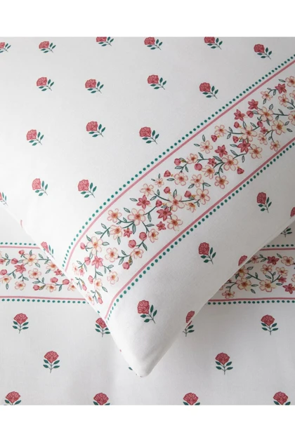 سرویس روتختی دو نفره با ملحفه کشدار English Home مدل Floral Lines پنبه - صورتی - سبز
