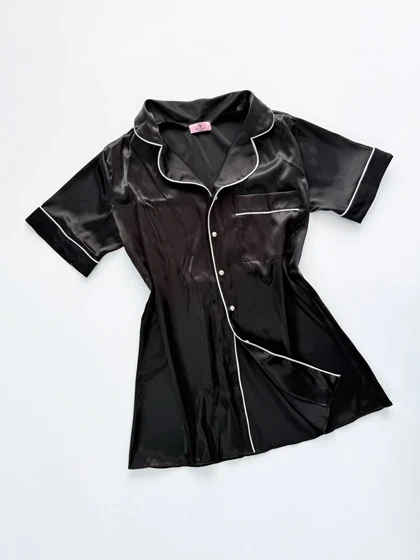 لباس خواب پیراهن ساتن نواردوزی مشکی