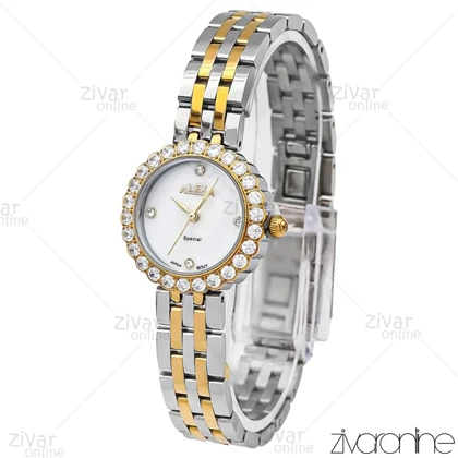 ساعت الکسا اسپشیال زنانه طلایی نقره ای دور نگین 106127