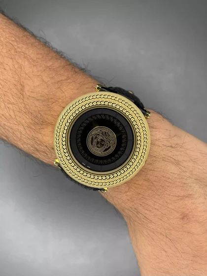 ساعت مچی ورساچه صفحه طرحدار قاب طلایی چرمی مشکی Versace