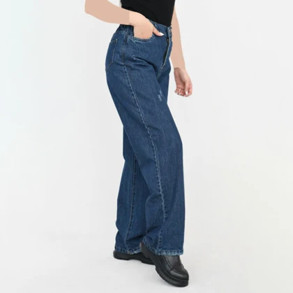 شلوار جین نیم بگ زاپ‌دار آبی تیره کد 1055
