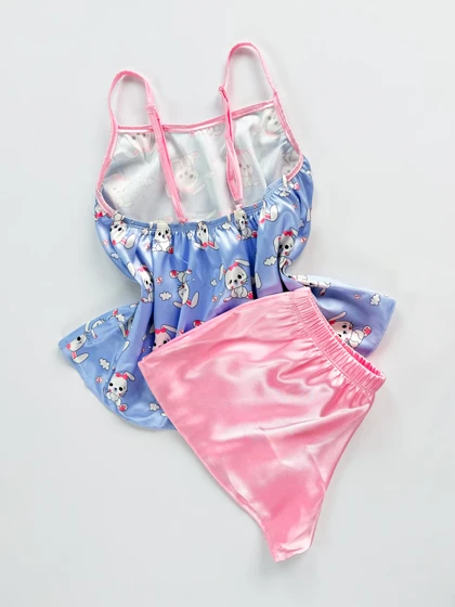 ست لباس خواب تاپ و شورتک ساتن طرح خرگوش