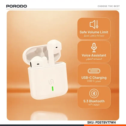 هندزفری بلوتوثی پورودو Porodo مدل PDSTBV77WH بلوتوث 5.3
