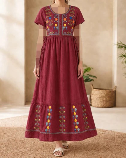 پیراهن زنانه گلدوزی آستین کوتاه هندی SH7636