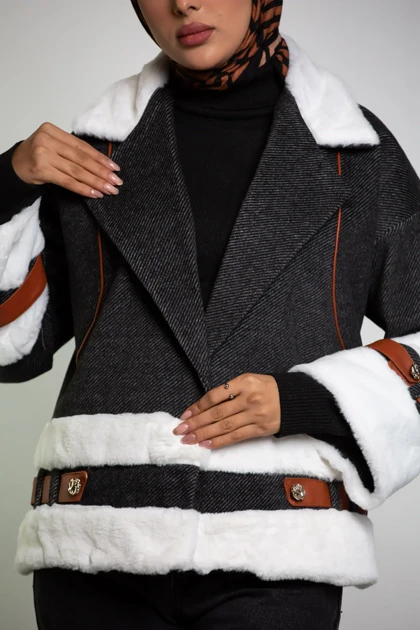 پالتو فوتر کجراه ترکیبی با چرم