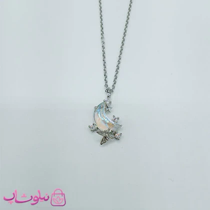گردنبند دخترانه ظریف مدل ماه و پروانه سفید کد 85