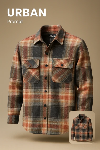 پیراهن پشمی چهارخونه با پارچه برس‌خورده نرم با ترکیب رنگ نارنجی سوخته، مشکی و بژ با ته‌مایه‌های قهوه‌ای خاکی