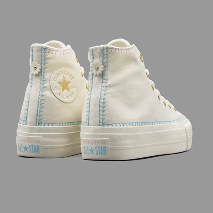 کانورس پلتفرم سفید طلایی گلدوزی ساق‌دار Converse Platform White Gold Embroidery Hightop