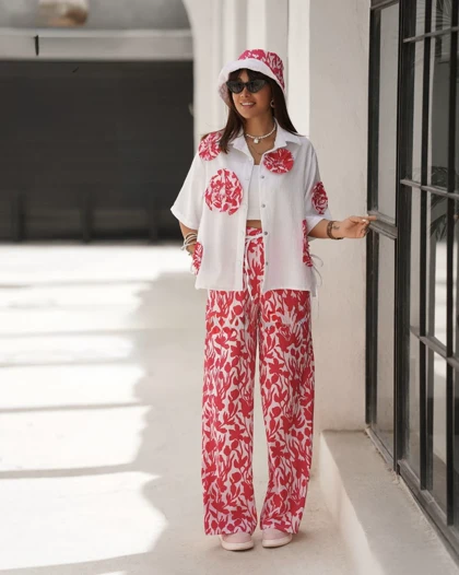 ست سه تیکه شومیزشلوار کلاه هاوین