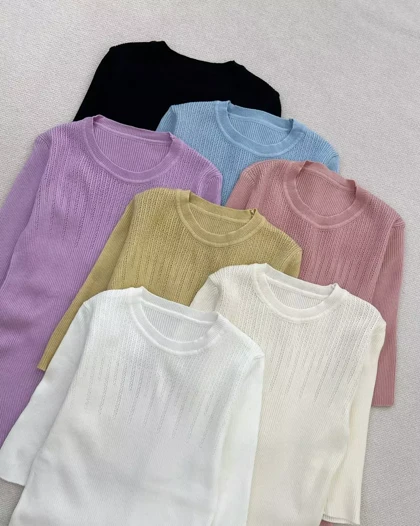 بلوز بافت استین سه ربع یقه گرد کد 5392