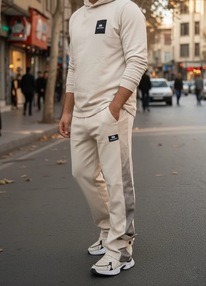 شلوار بنگال مردانه نوار پهن پایین دکمه مدل Mehrad-کرم