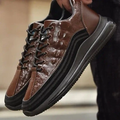 کتانی مردانه اسپرت طرح چرم تمساح قهوه‌ای مشکی Men’s Crocodile Pattern Leather Sport Sneakers Brown Black
