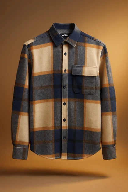 پیراهن پشمی چهارخونه با پارچه برس‌خورده نرم باترکیب رنگ آبی‌سرمه‌ای با ته مایه های رنگ کرم نارنجی – کد 894